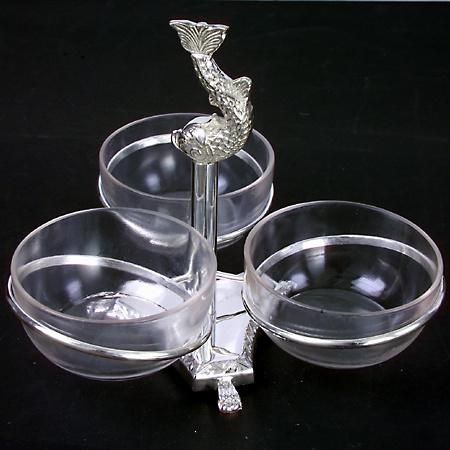 3 Bowl Server/crystal/silver 3 BOWL STAND/DOLPHIN/CUT BOWLS 