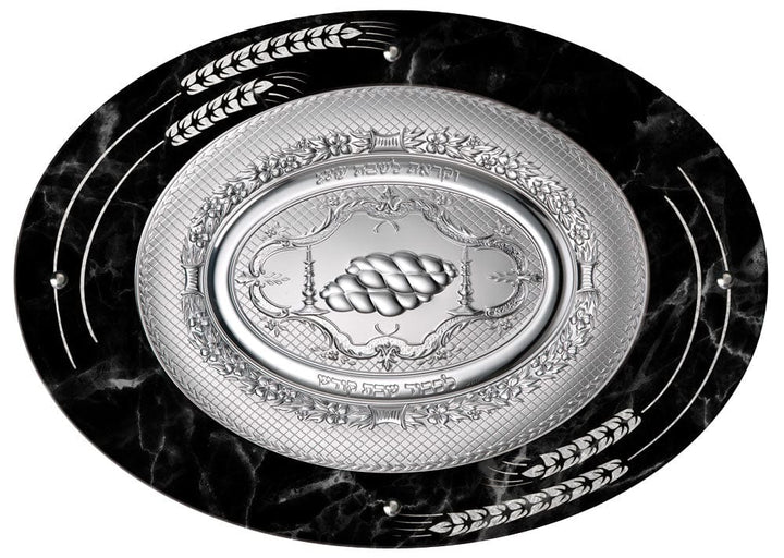 Camilletti Oval Challah Tray With 925 sp Silver 19.7x14.20" Black Marble With Silver Barley Design-0