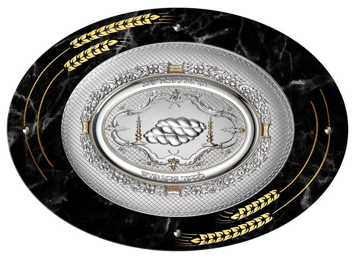 Camilletti Oval Challah Tray With 925 sp Silver 19.7x14.20" BLACK Marble With Gold Barley Design-0