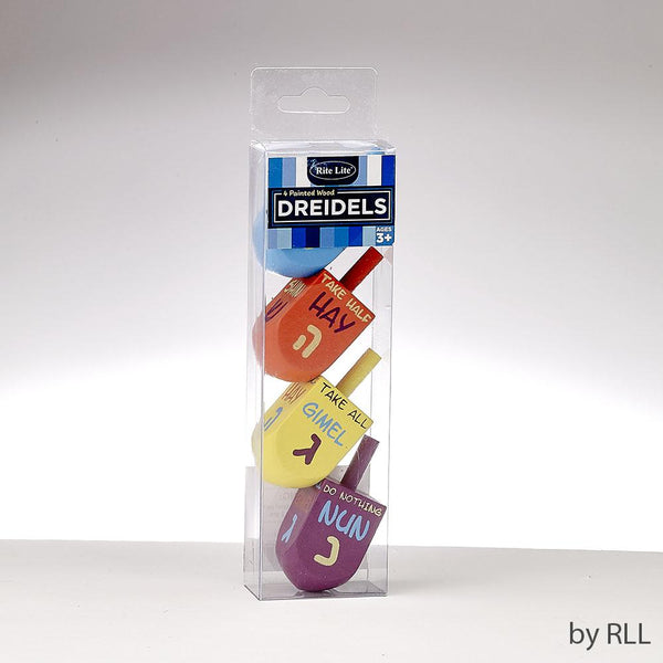 4 Dreidels, Painted Wood, 2.25", Rules Of The Game, Acrylic Box Chanukah 
