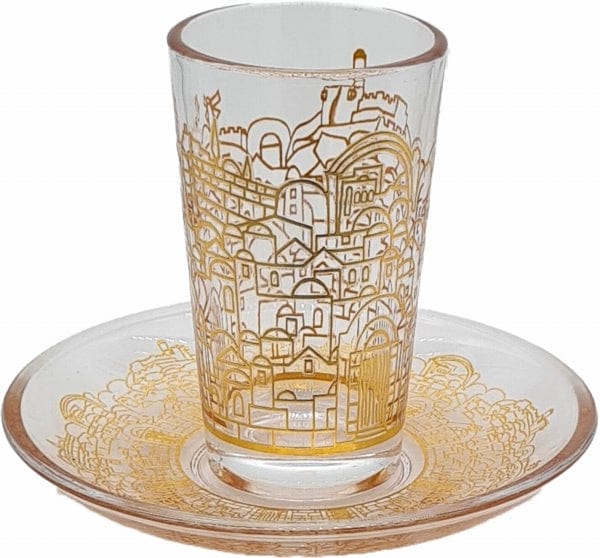 Kiddush Cup Glass Jerusalem Gold Decoration