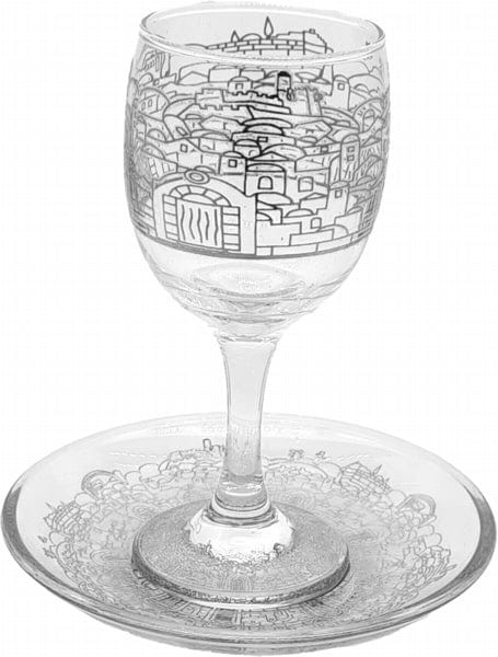 Kiddush Cup Glass Jerusalem Silver Decoration