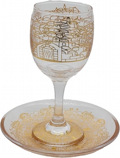 Kiddush Cup Glass Jerusalem Gold Decoration