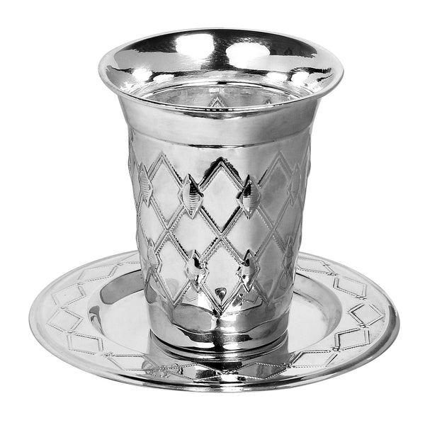 Silver Plated Kiddush Cup Set Cup 3" Plate 5" Diamond Design (5 oz 150 ml)-0