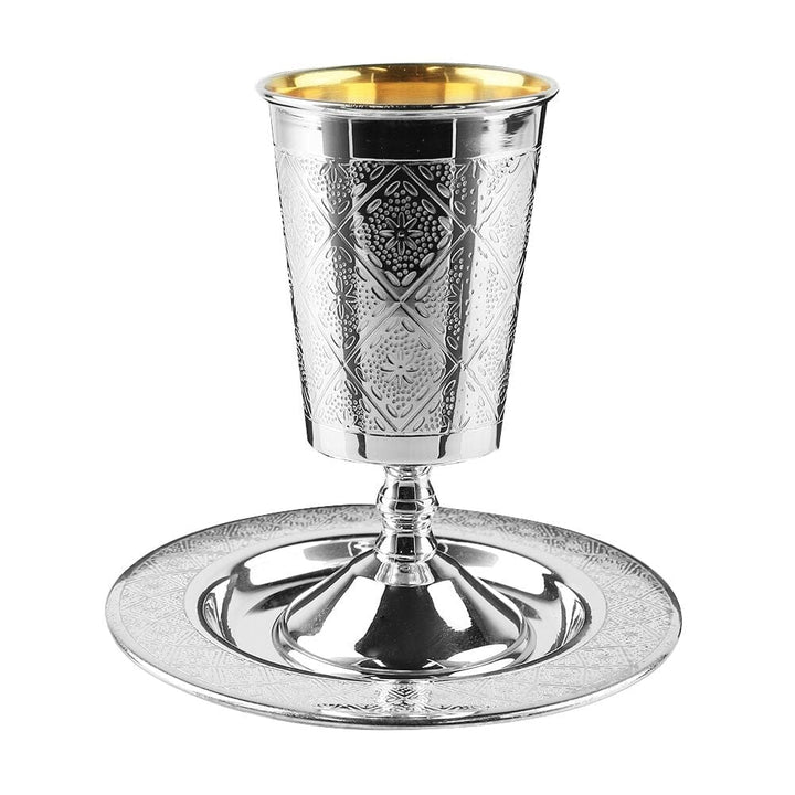 Kiddush Cup Set  Diamond Design 925 Silver Coated - With Leg 5"-0