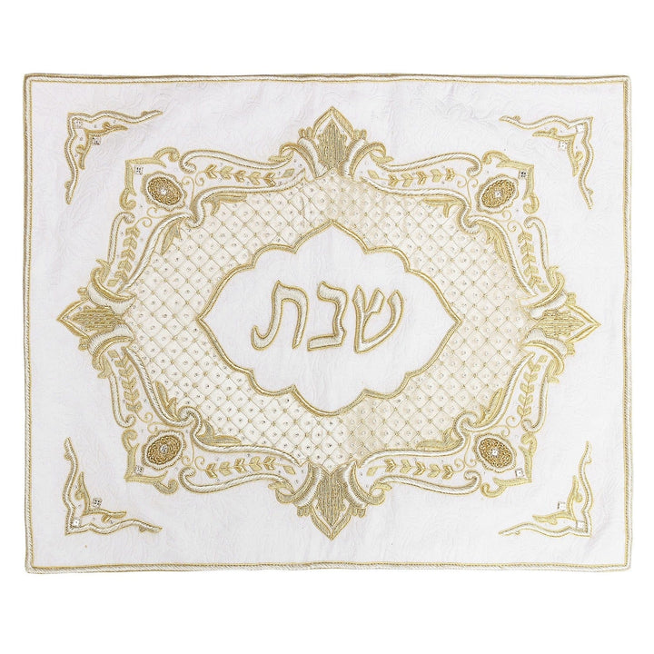 Challah Cover White Brocade Gold Embroidery With Crystals 23.5x20"-0