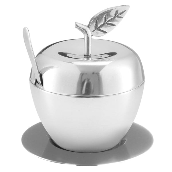 Honey Dish Apple Shape Stainless Steel With Tray & Spoon PLATE: 5.5" W APPLE: 4" W 5" H-0