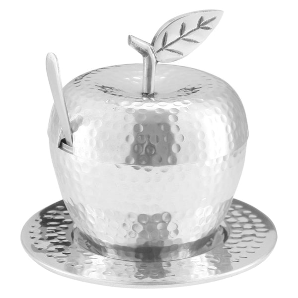 Honey Dish Apple Shape Stainless Steel Hammered With Tray & Spoon-0
