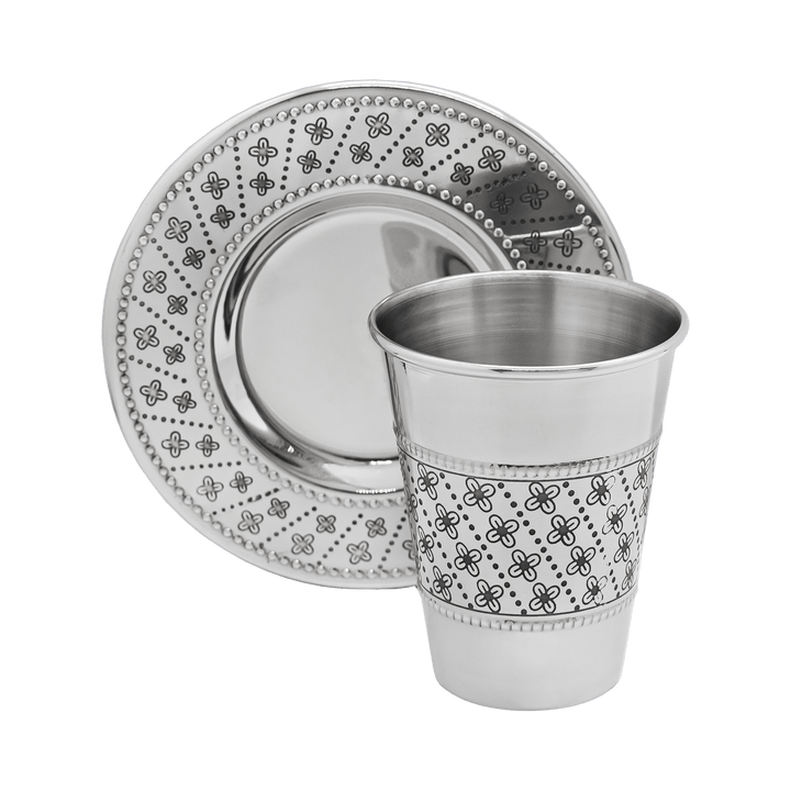stainless Steel Kiddush Cup with Tray - Flower design-0