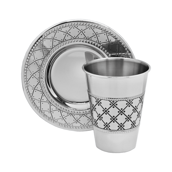 stainless Steel Kiddush Cup with Tray - Diamond design-0