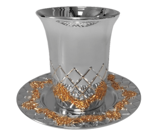 Kiddush Cup Set Silver Plated With Gold Flowers Cup 2x2x3", Plate 4.5"-0