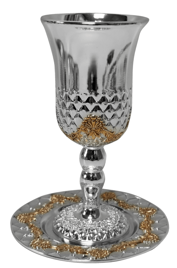 Kiddush Cup With Legs Set Silver Plated With Gold Flowers Cup 2x2x5.5", Plate 4.5"-0