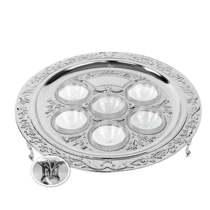 Silver Plated Seder Plate with Legs 3"H x 15.5"W 6 Glass Liners Included-0
