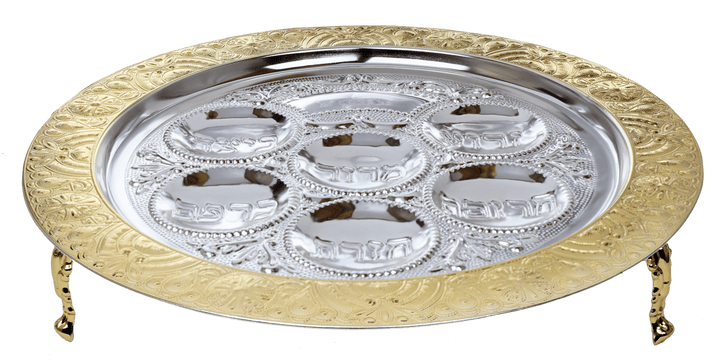 Seder Plate Filigree Gold & Silver Plated With Leg 3" H 15.5 W "-0