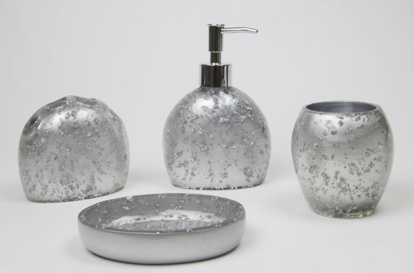 Bathroom Accessories Set Silver tumbler 3.5" lotion dispenser 6.5" bar soap dish 3.5" toothbrush holder 3.75"-0