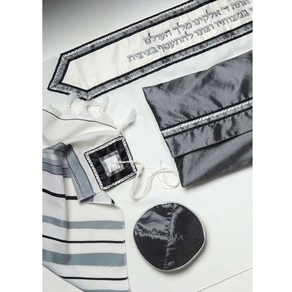 Classic Stripes Wool Tallit With Gray and Black Strips, Tzitzit Bar Mitzvah Tallit Set, Hebrew Prayer Shawl, Wedding Tallit, Jewish Prayer Shawl, Contemporary Tallit