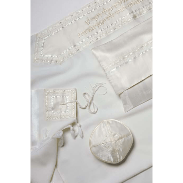 White On White Classic Tallit With Embroidered Atarah, Tzitzit Hebrew Prayer Shawl, Bar Mitzvah Tallit