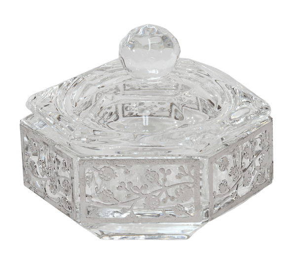 Hexagon Crystal Dish with 3 Legs Floral Metal 2.25"-0
