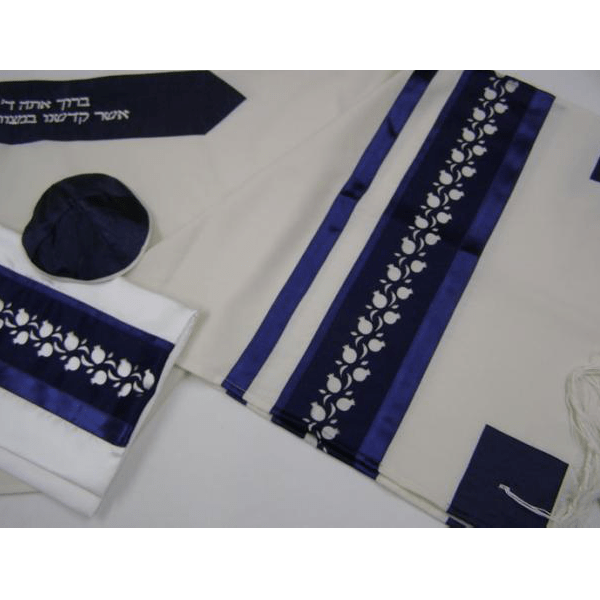 White and Blue Pomegranates Wool Tallit, Bar Mitzvha Tallit, Tzitzit Jewish Prayer Shawl, Custom Tallit from Israel