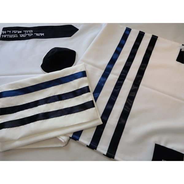Dark Blue Stripes Wool Bar Mitzvah Tallit Set, Tzitzit Jewish Prayers –
