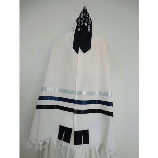 Light and Dark Blue Stripes Wool Tallit Set for Bar Mitzvah, Tzitzit Hebrew Prayer Shawl