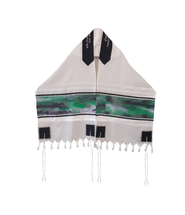 The Green Marble Hand Painted Silk on Wool Tallit, Bar Mitzva Tallit, Tzitzit, Jewish Prayer Shawl