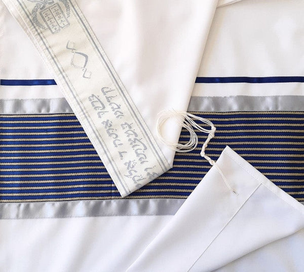 Navy Blue with Gold Stripes and Silver Decorations Tallit for Sale, Bar Mitzvah Talllit, Hebrew Prayer Shawl from Israel, Tallit Prayer Shawl