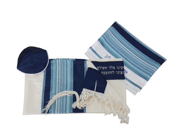 Light Blue and Silver Stripes on Wool Tallit, Bar Mitzvah Tallit, Tzitzit Custom Tallit from Israel