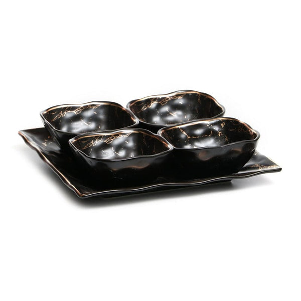 set of 4 Porcelain Dishes With Tray Black With Gold Stripes 9x9"
