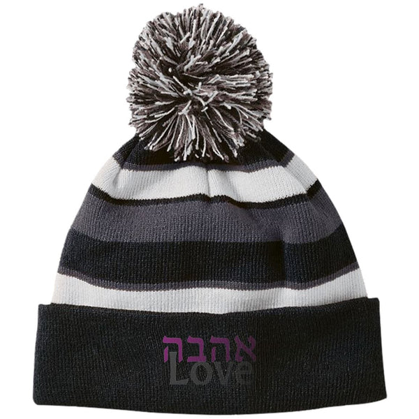 Ahavah Love Embroidered אהבה Striped Beanie Hat with Pom Apparel 223835 Holloway Striped Beanie with Pom Black/White One Size