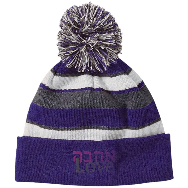Ahavah Love Embroidered אהבה Striped Beanie Hat with Pom Apparel 223835 Holloway Striped Beanie with Pom Purple/White One Size
