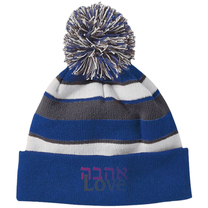 Ahavah Love Embroidered אהבה Striped Beanie Hat with Pom Apparel 223835 Holloway Striped Beanie with Pom Royal/White One Size