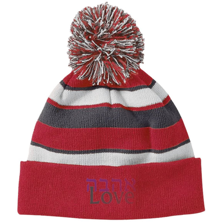 Ahavah Love Embroidered אהבה Striped Beanie Hat with Pom Apparel 223835 Holloway Striped Beanie with Pom Scarlet/White One Size