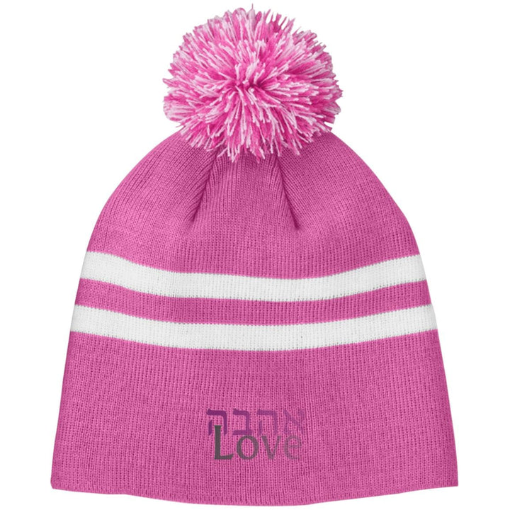 Ahavah Love Embroidered אהבה Striped Beanie Hat with Pom Apparel TT122 Team 365 Striped Pom Beanie Charity Pink/White One Size