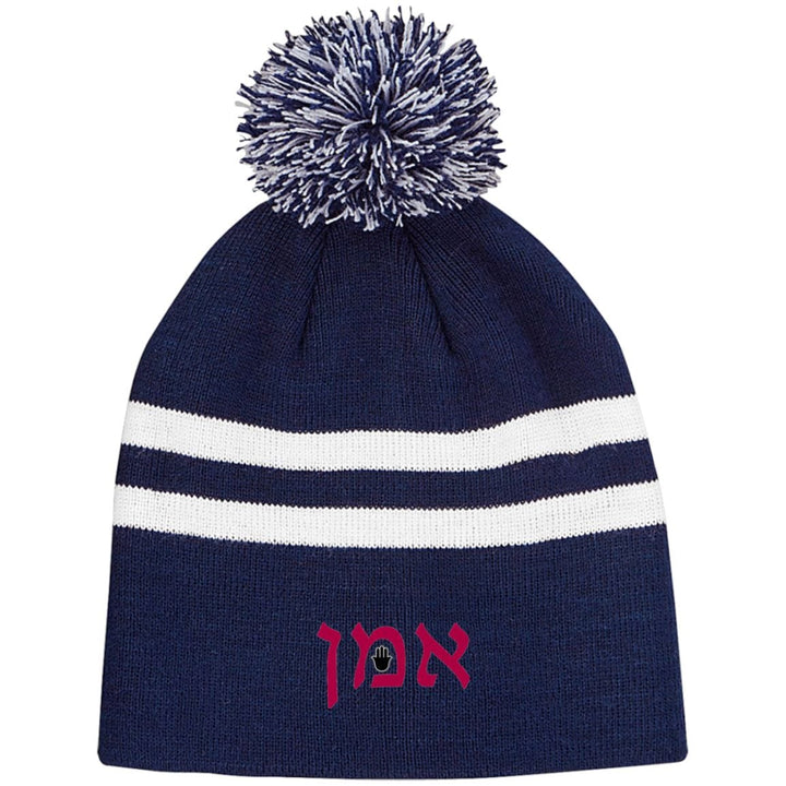 Amen Hebrew Embroidered Knit Fashion Pom Beanie Hats Hats Dark Navy/White One Size 