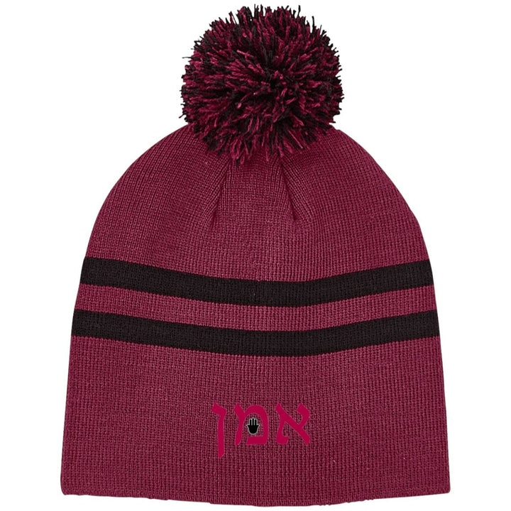 Amen Hebrew Embroidered Knit Fashion Pom Beanie Hats Hats Maroon/Black One Size 