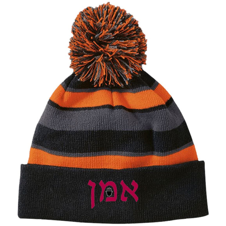 Amen Hebrew Embroidered Knit Fashion Striped Beanie Hat & Pom Hats Black/Orange One Size 
