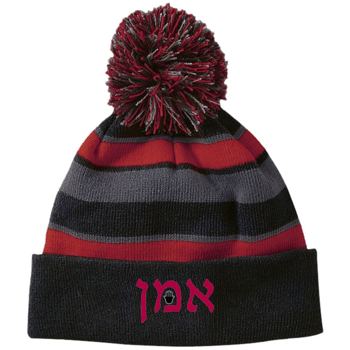 Amen Hebrew Embroidered Knit Fashion Striped Beanie Hat & Pom Hats Black/Scarlet One Size 