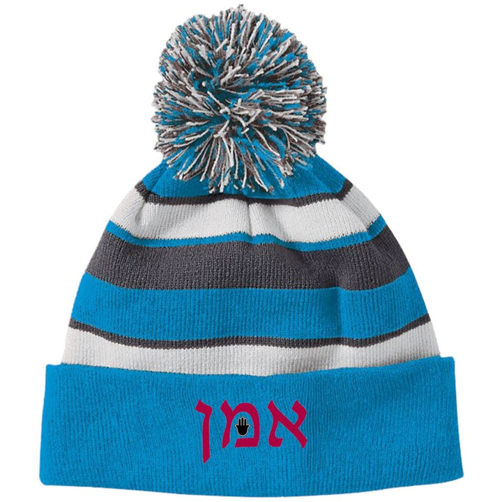 Amen Hebrew Embroidered Knit Fashion Striped Beanie Hat & Pom Hats Bright Blue/White One Size 