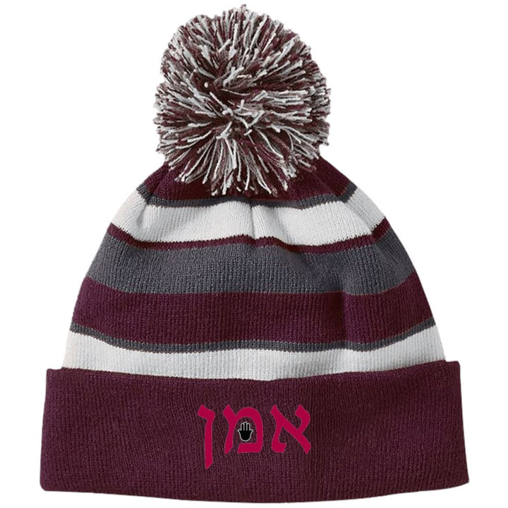 Amen Hebrew Embroidered Knit Fashion Striped Beanie Hat & Pom Hats Maroon/White One Size 