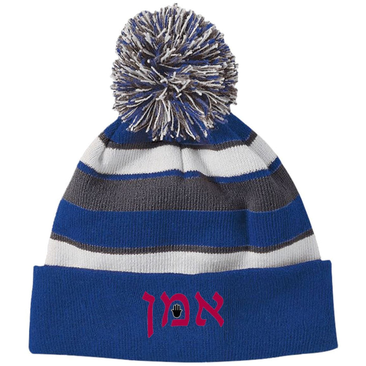 Amen Hebrew Embroidered Knit Fashion Striped Beanie Hat & Pom Hats Royal/White One Size 