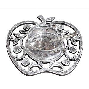 Antique Silver and Glass 4 Piece Honey Dish - Apples 