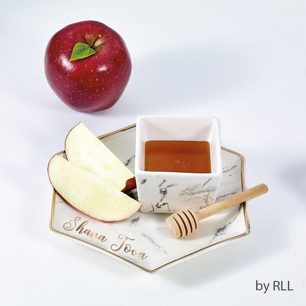 Apple&honey Dish Set,porcelain,hexagon Plate&honey Dipper,colrbx ROSH HASHANA, Jewish New Year 