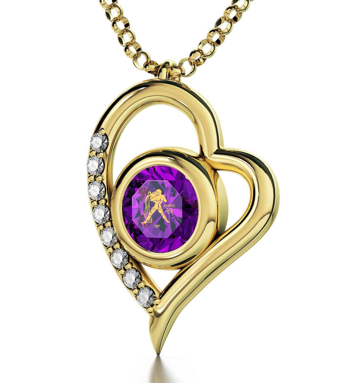 Aquarius Sign, 14k Gold Diamond Necklace, Swarovski Necklace Purple Amethyst 