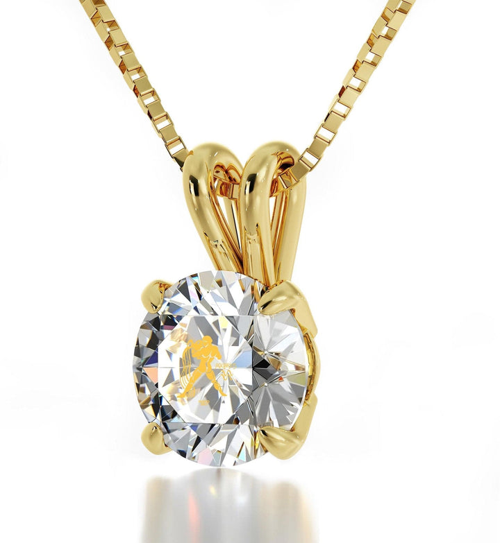 Aquarius Sign, 14k Gold Necklace, Swarovski Necklace Clear Crystal 