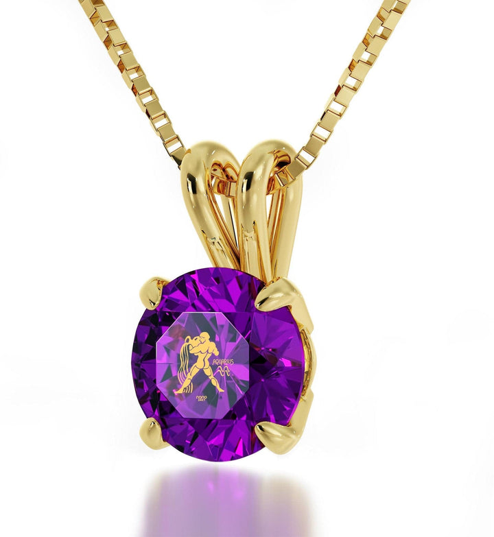 Aquarius Sign, 14k Gold Necklace, Swarovski Necklace Purple Amethyst 