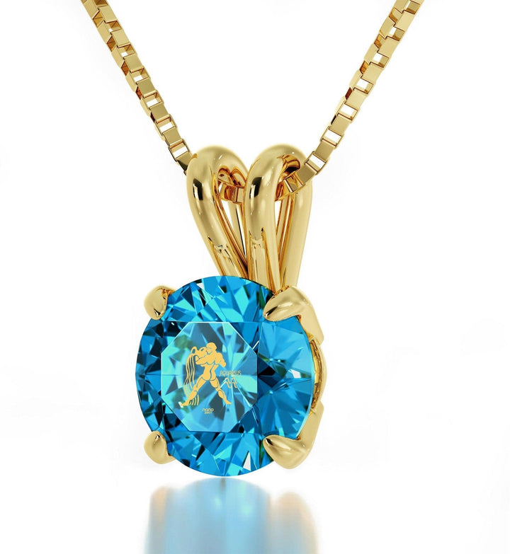 Aquarius Sign, 14k Gold Necklace, Swarovski Necklace Turquoise Blue-Topaz 
