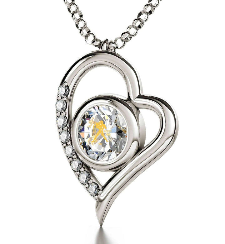 Aquarius Sign, 14k White Gold Diamonds Necklace, Swarovski Necklace Clear Crystal 