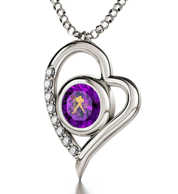 Aquarius Sign, 14k White Gold Diamonds Necklace, Swarovski Necklace Purple Amethyst 