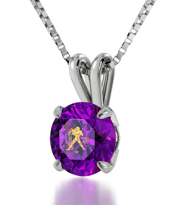 Aquarius Sign, 14k White Gold Necklace, Swarovski Necklace Purple Amethyst 